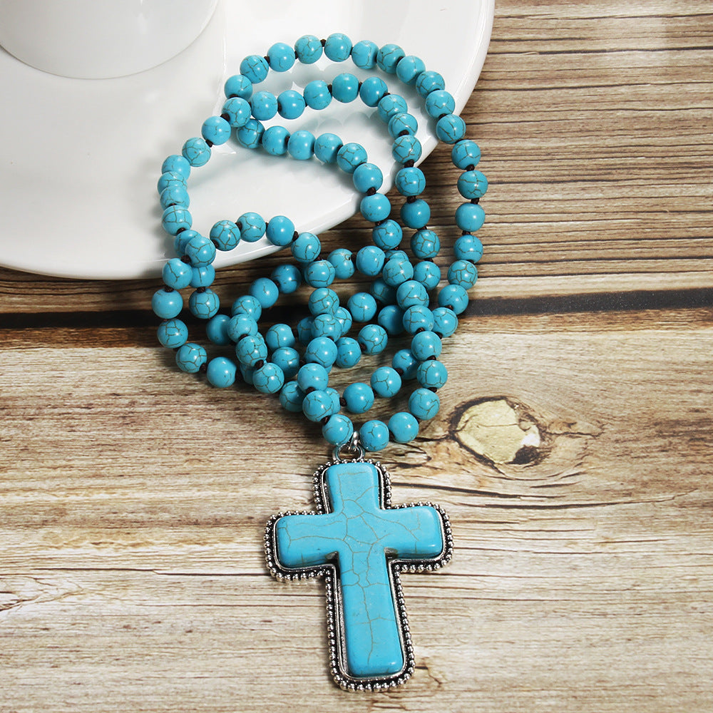 Long turquoise bead cross pendant necklace by Turquoise Vintage