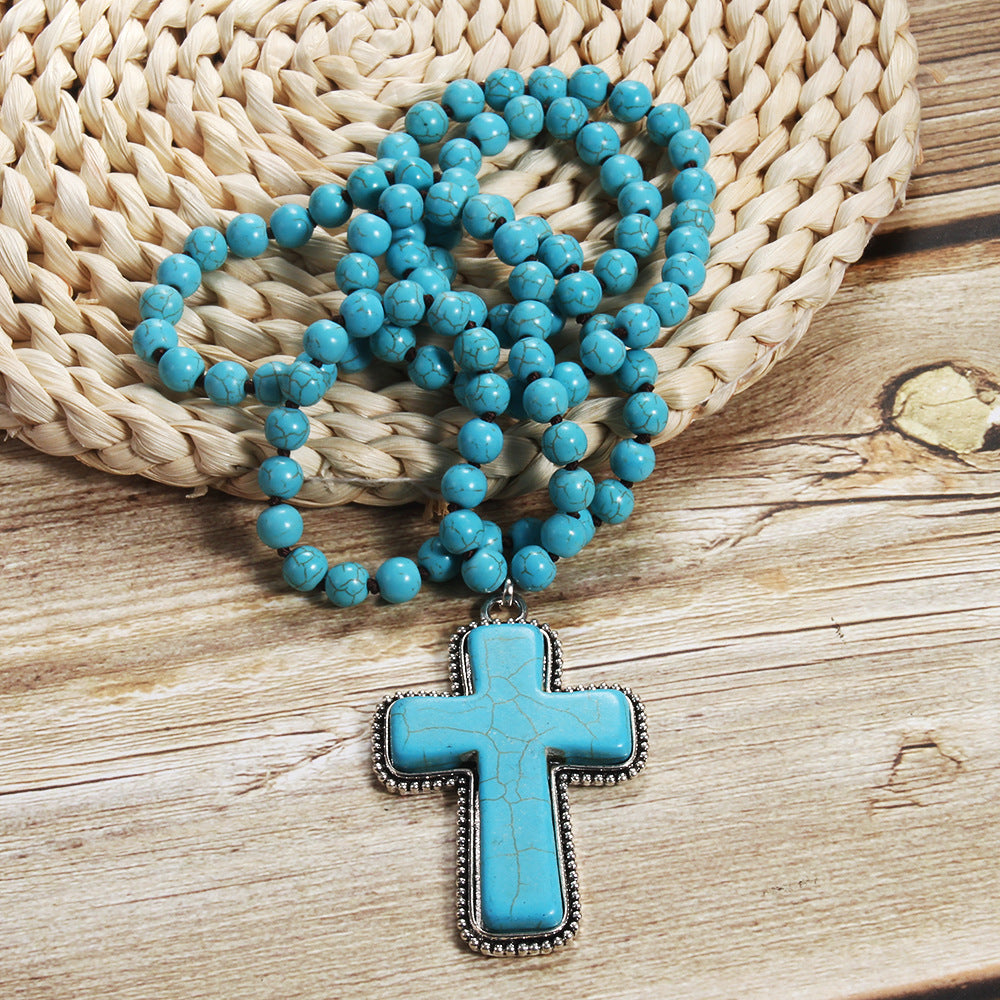 Long turquoise bead cross pendant necklace, view 4