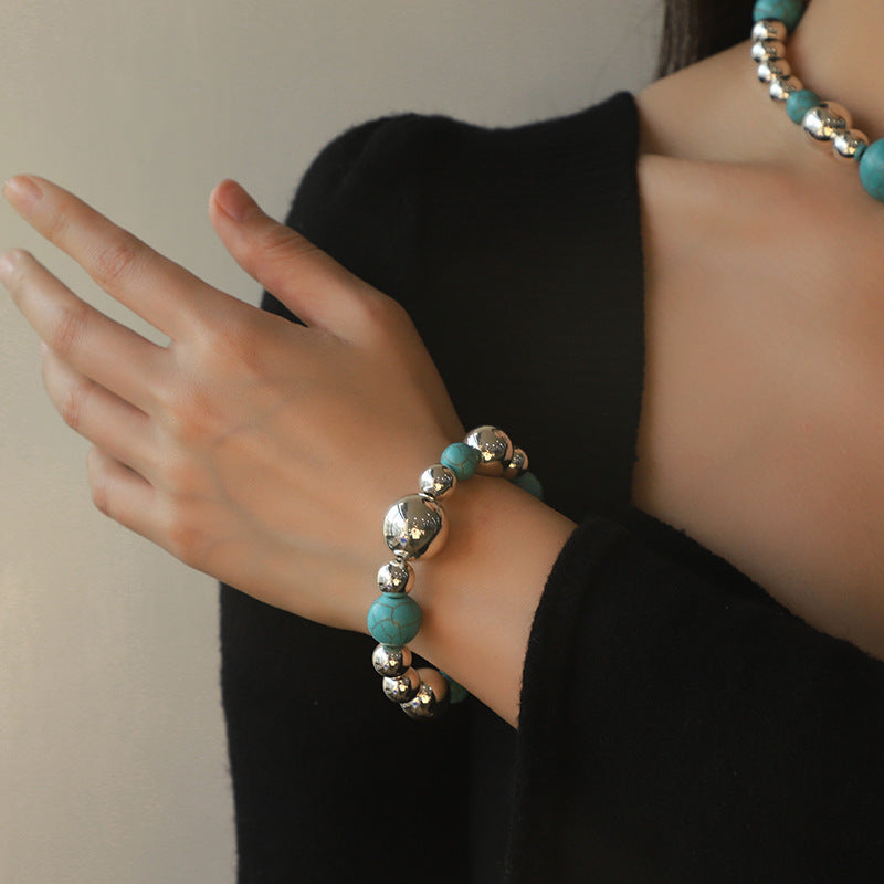 Chunky turquoise and silver bead necklace and bracelet, view 4