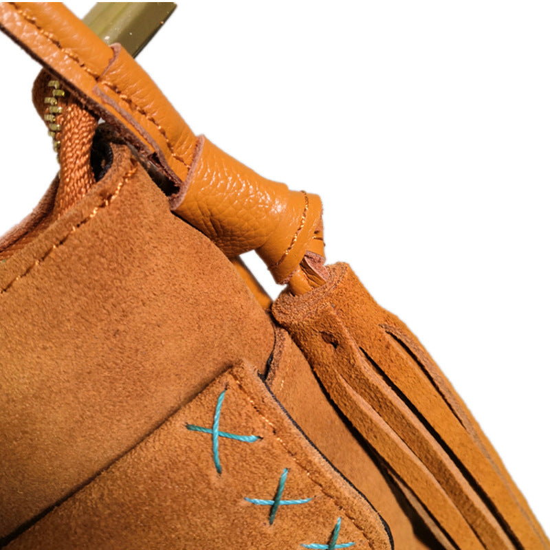Brown western fringe crossbody bag with turquoise concho, view 3