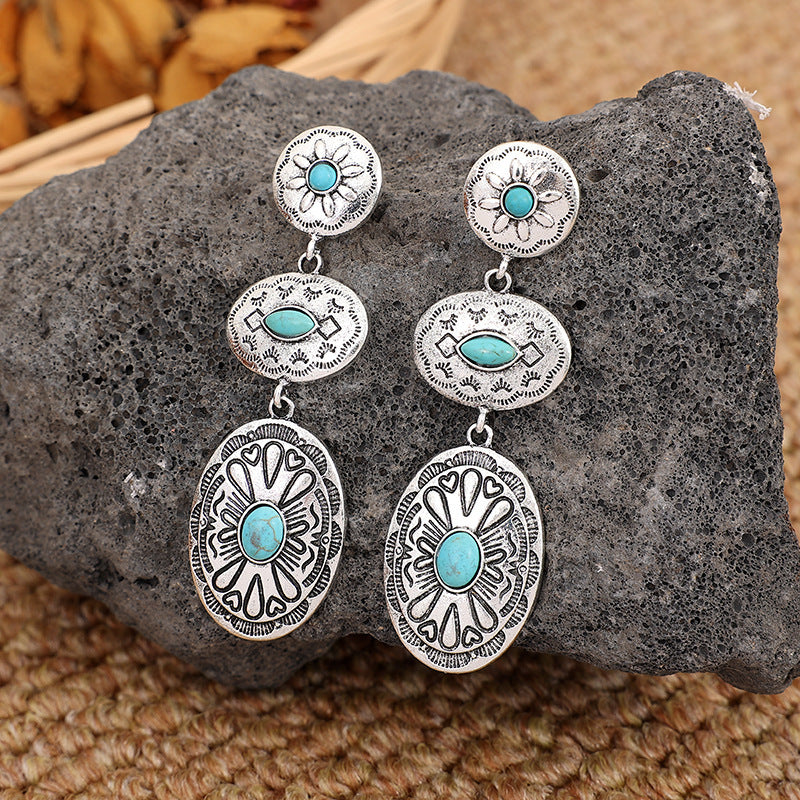Squash blossom style turquoise long drop earrings, view 2