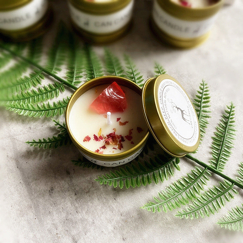 Crystal scented soy tin candle gift set with dried flowers and raw stones, view 8