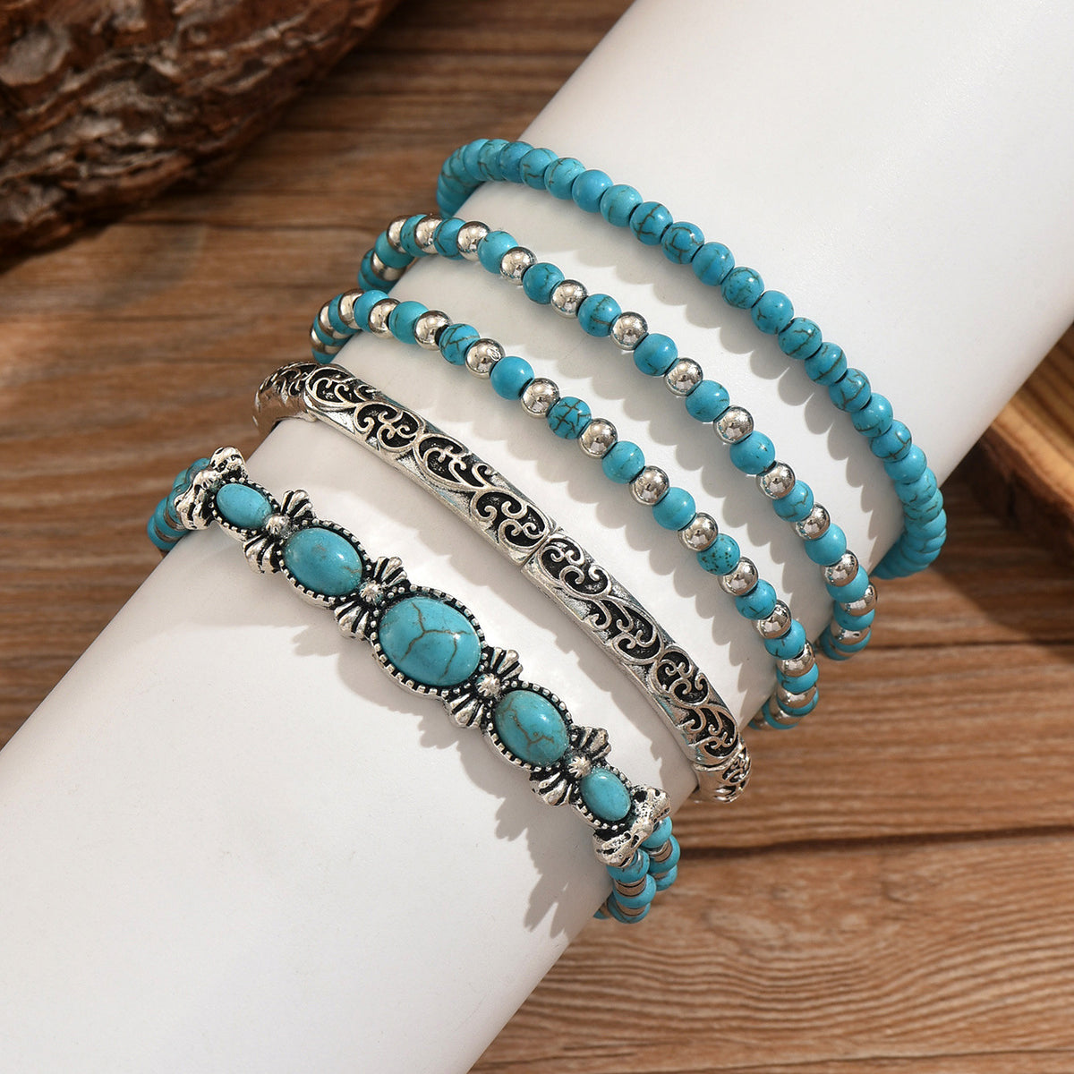 Layered turquoise beaded stretch bracelet set, view 4
