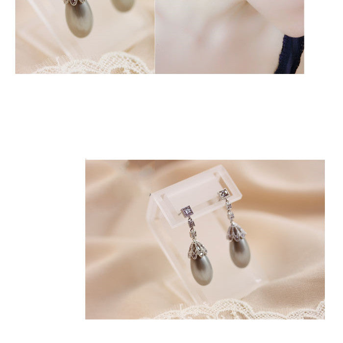 Vintage gray pearl drop earrings with filigree, view 6