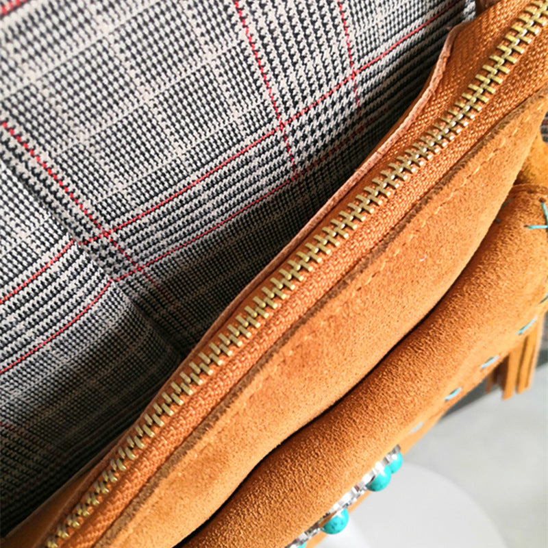 Brown western fringe crossbody bag with turquoise concho, view 4