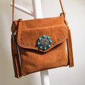 Brown western fringe crossbody bag with turquoise concho by Turquoise Vintage