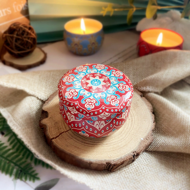 Vintage paisley tin soy candle with dried flowers, view 12