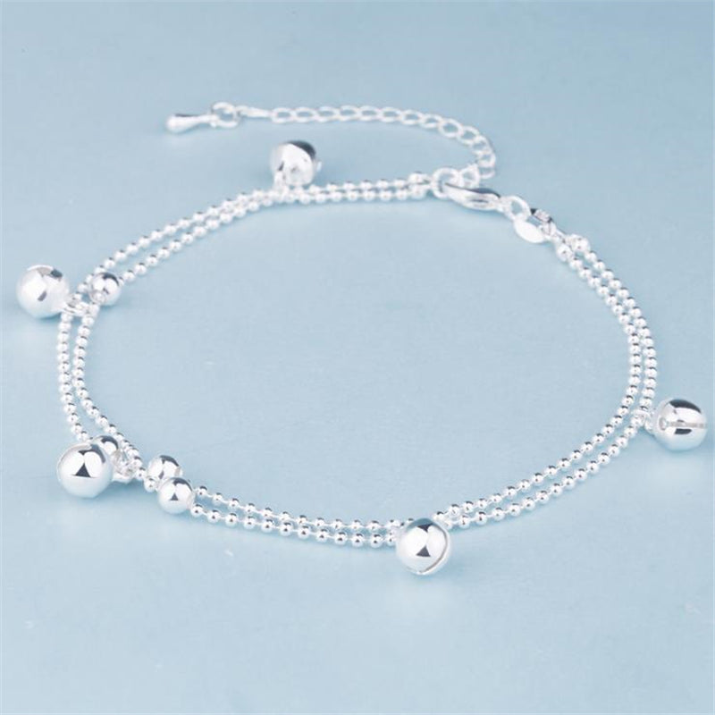 Silver bell layered boho anklet, view 6
