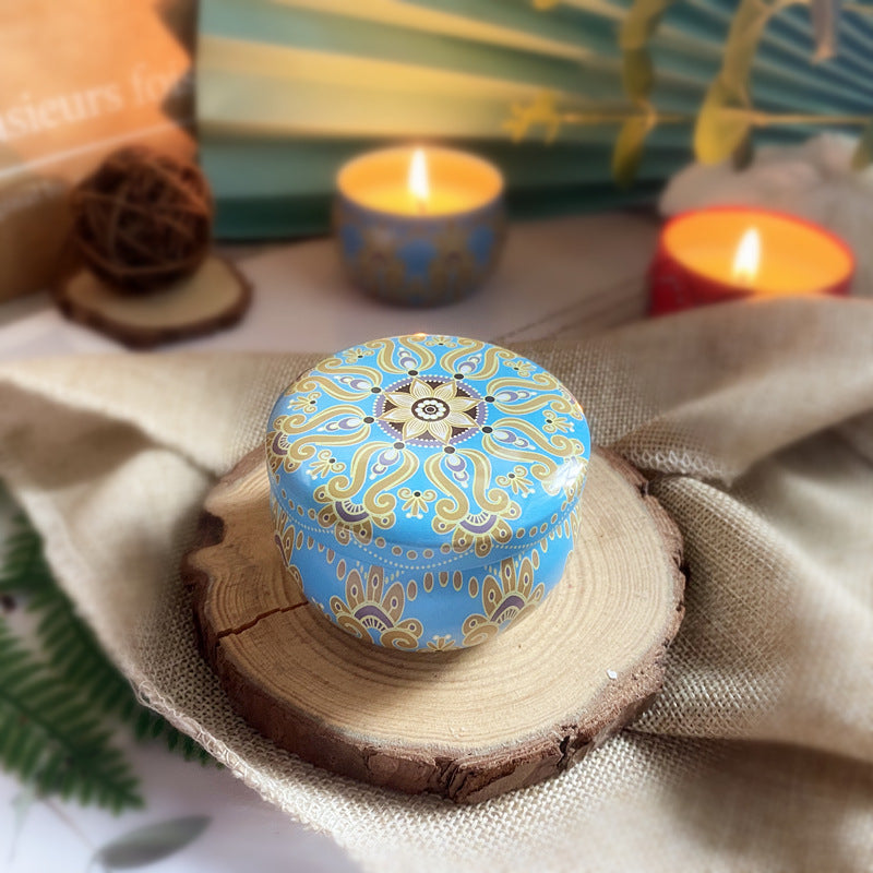 Vintage paisley tin soy candle with dried flowers, view 2