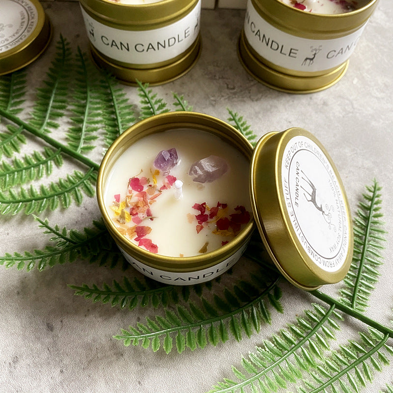 Crystal scented soy tin candle gift set with dried flowers and raw stones, view 5