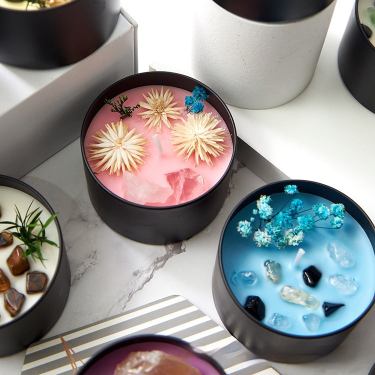 Boho dried flower tin candle with bohemian print, view 4
