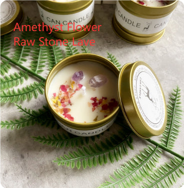 Crystal scented soy tin candle gift set with dried flowers and raw stones, view 7