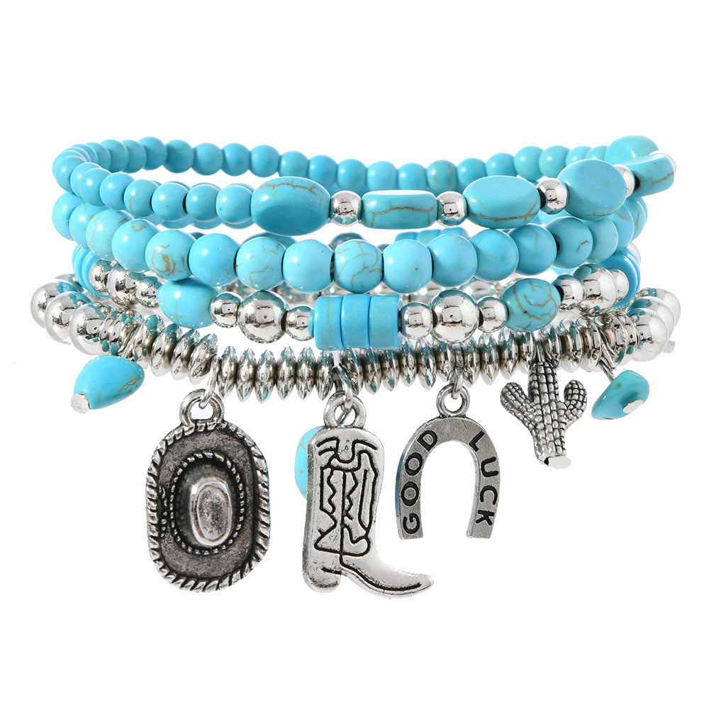 Turquoise concho charm beaded bracelet stack, view 2