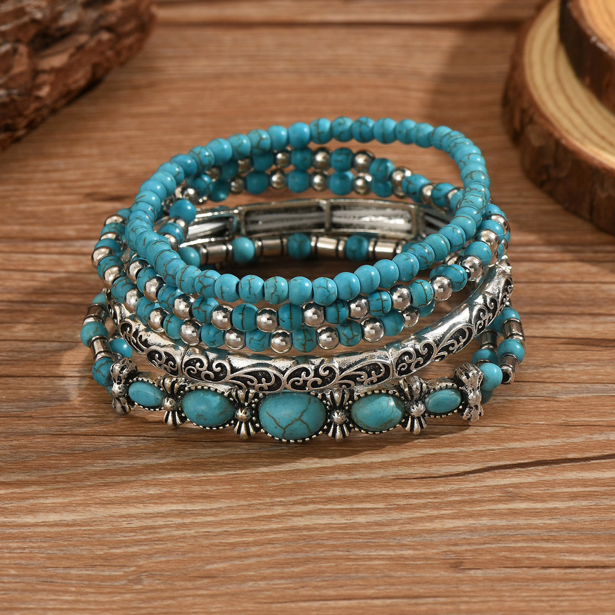 Layered turquoise beaded stretch bracelet set, view 6