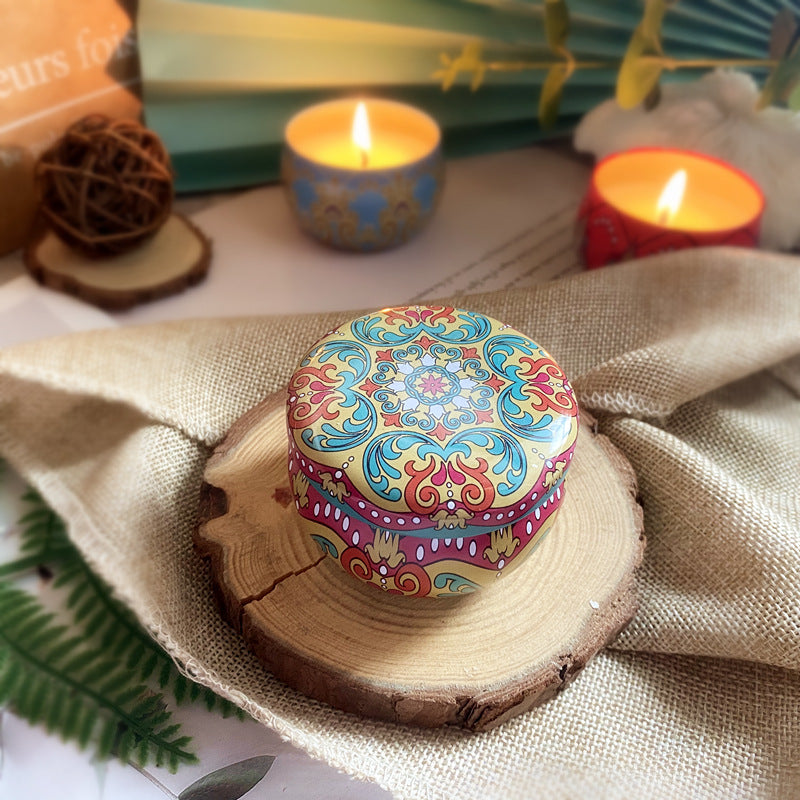 Vintage paisley tin soy candle with dried flowers, view 7