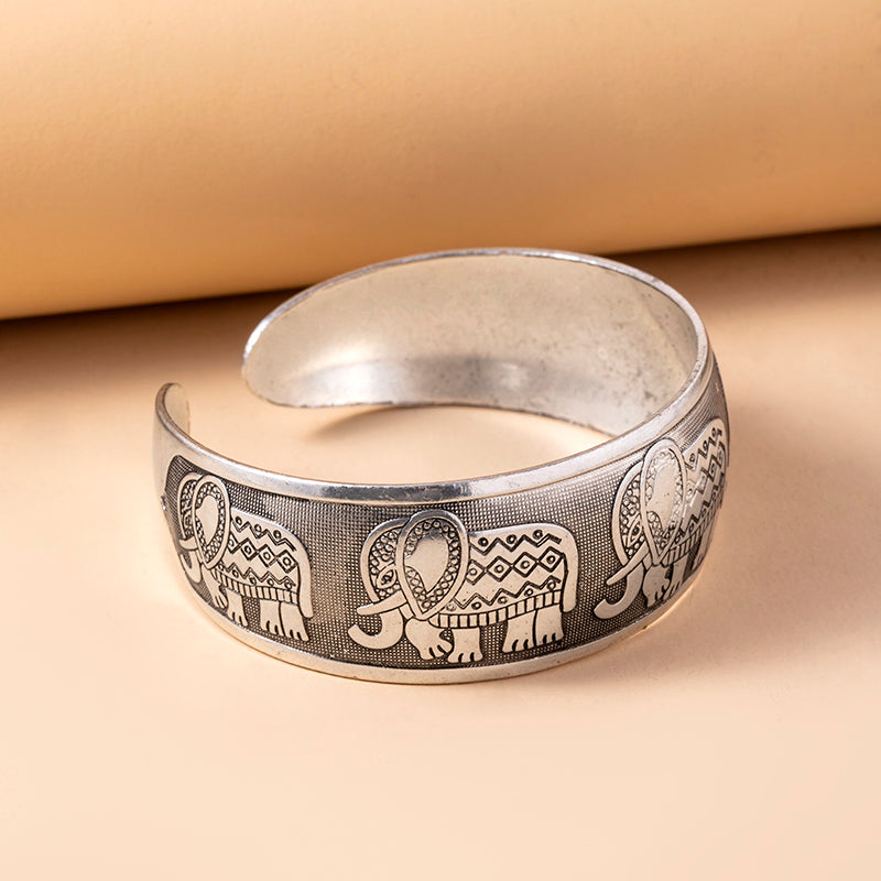 Vintage silver elephant engraved cuff bracelet, view 2