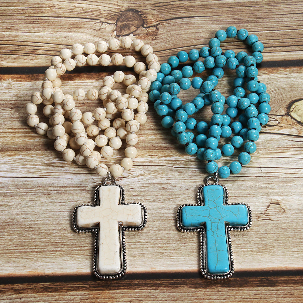 Long turquoise bead cross pendant necklace, view 6