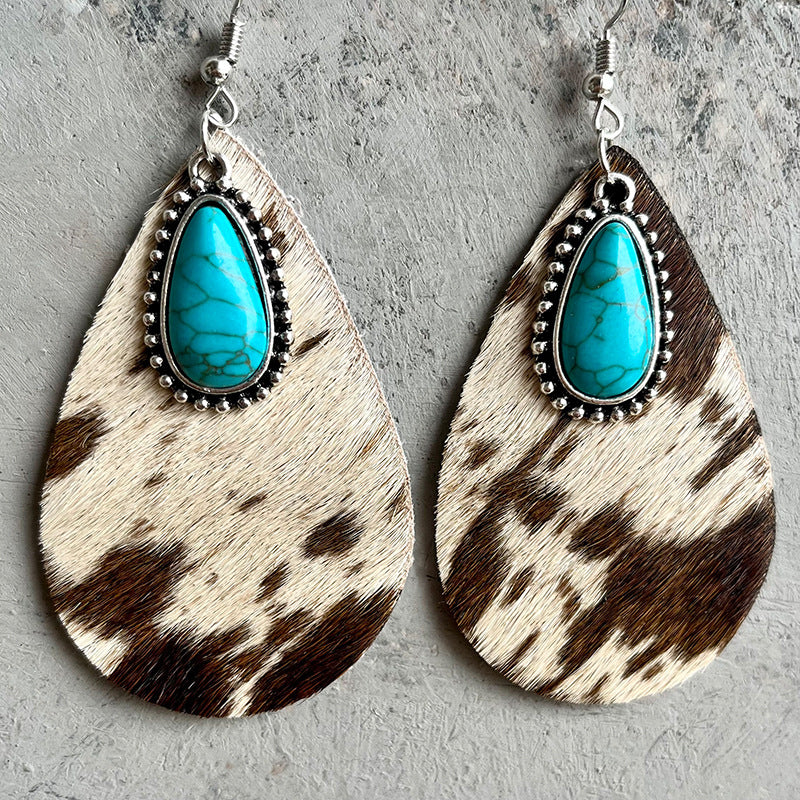 Cowhide print turquoise teardrop earrings, view 5