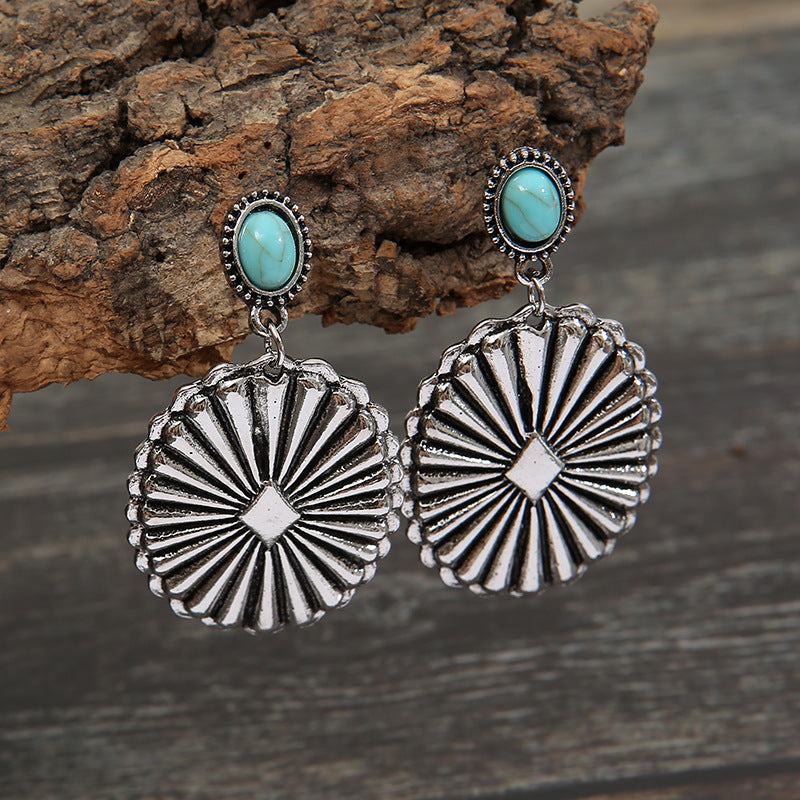 Western concho turquoise earrings in vintage silver, view 4