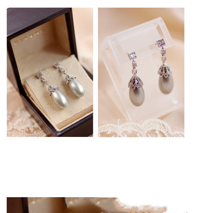 Vintage gray pearl drop earrings with filigree, view 3