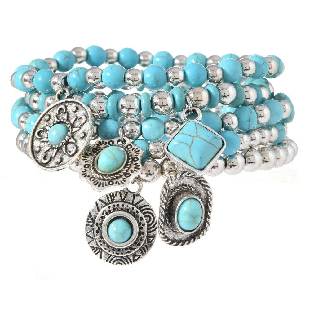 Turquoise concho charm beaded bracelet stack, view 7