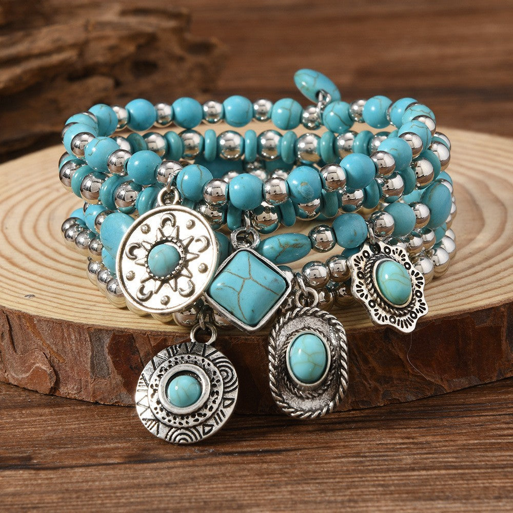Turquoise concho charm beaded bracelet stack by Turquoise Vintage